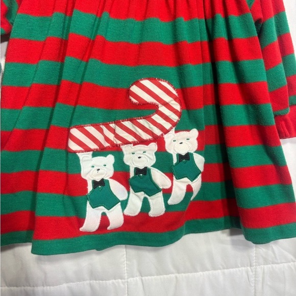 Toddler Vintage Retro Christmas Holiday Tunic Dress Striped Teddy Bear Appliqué - Picture 3 of 6